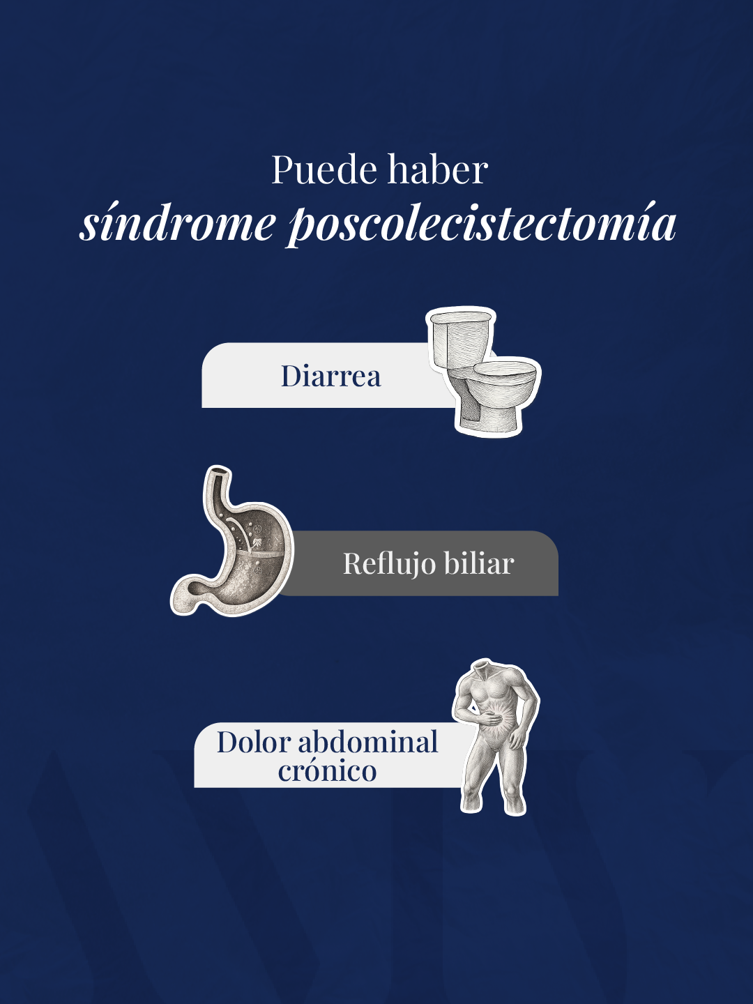 Puede haber síndrome poscolecistectomía: diarrea, reflujo biliar o dolor abdominal crónico.